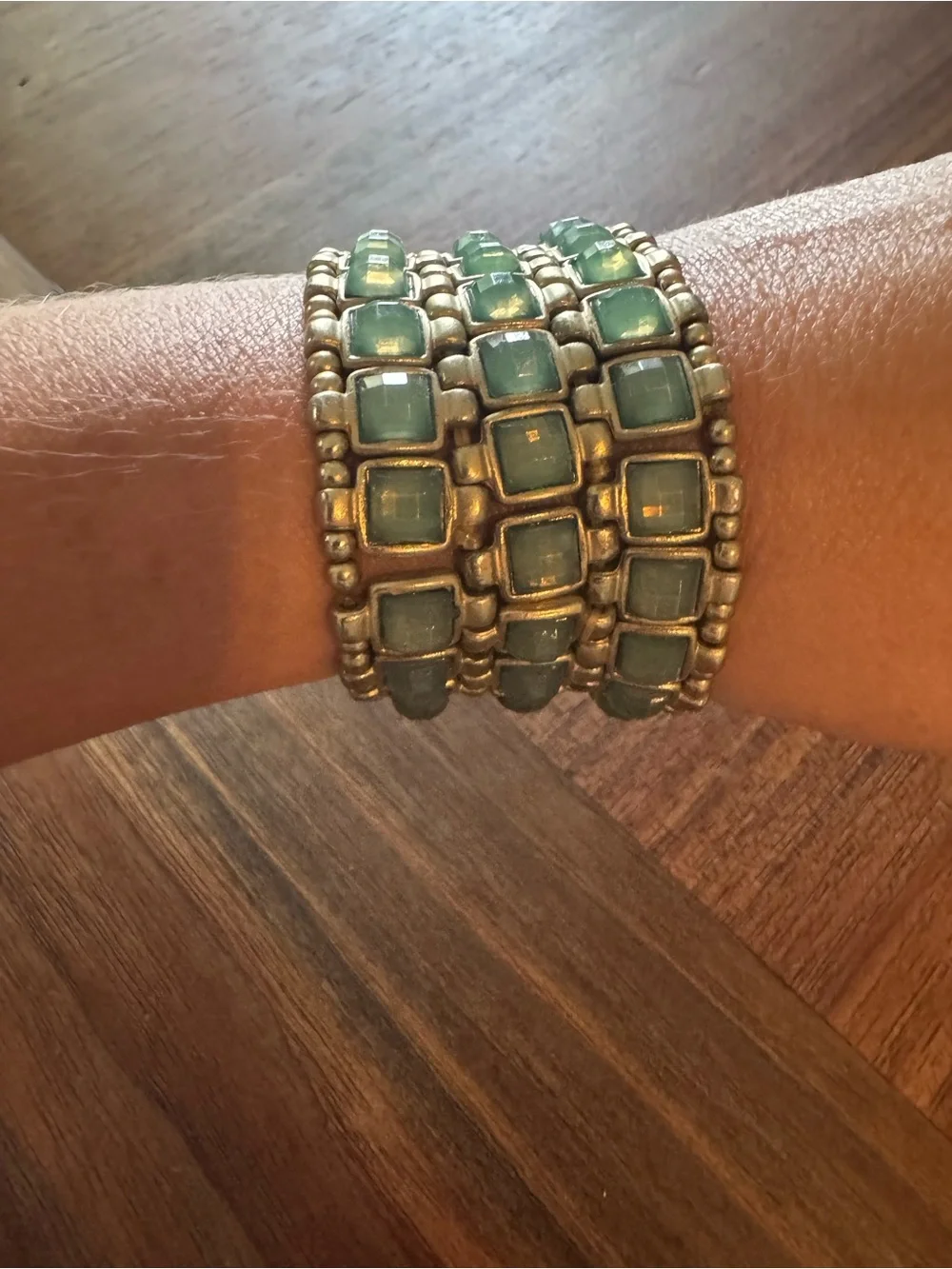 Gold-Tone Stretch Bracelet with Mint Green Square Stones